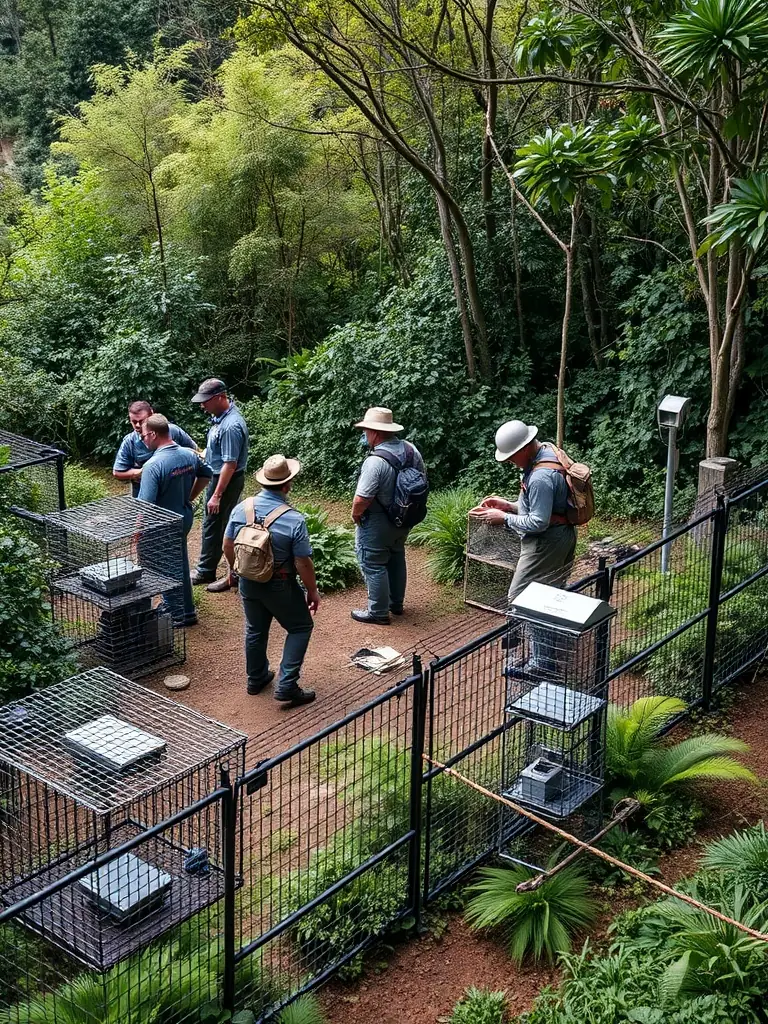 A photograph of a controlled environment where nuisible species are being managed, showcasing the organization's efforts in protecting agriculture and biodiversity.