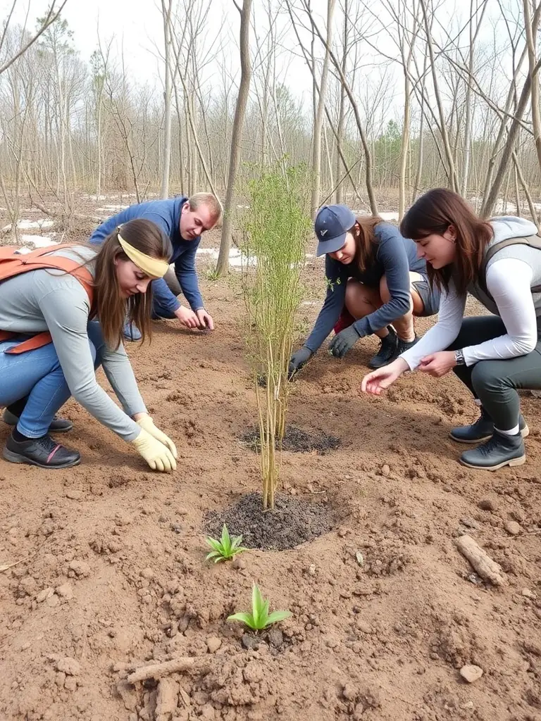 A photograph depicting volunteers planting trees in a deforested area, illustrating habitat restoration efforts by SOCIETE DES CHASSEURS DE SAINTE-FORTUNADE.