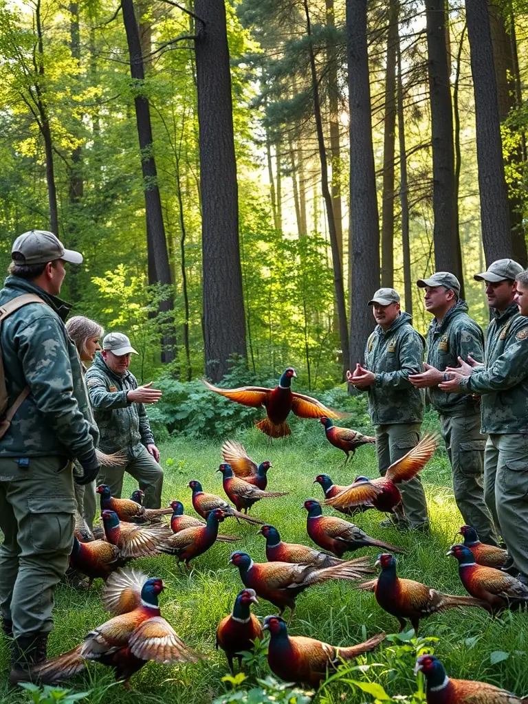 A group of volunteers releasing pheasants into a designated hunting reserve, illustrating the annual restocking program aimed at replenishing game species and supporting local hunting traditions.
