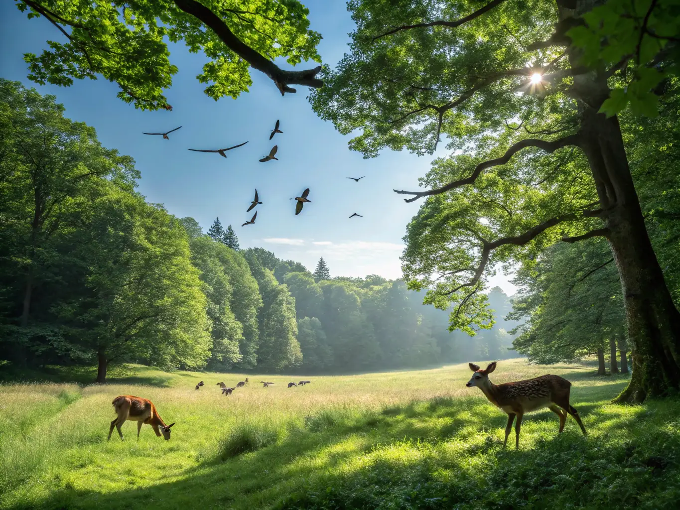 A lush, protected forest area with diverse flora and fauna, showcasing thriving wildlife habitats managed by the SOCIETE DES CHASSEURS DE SAINTE-FORTUNADE.