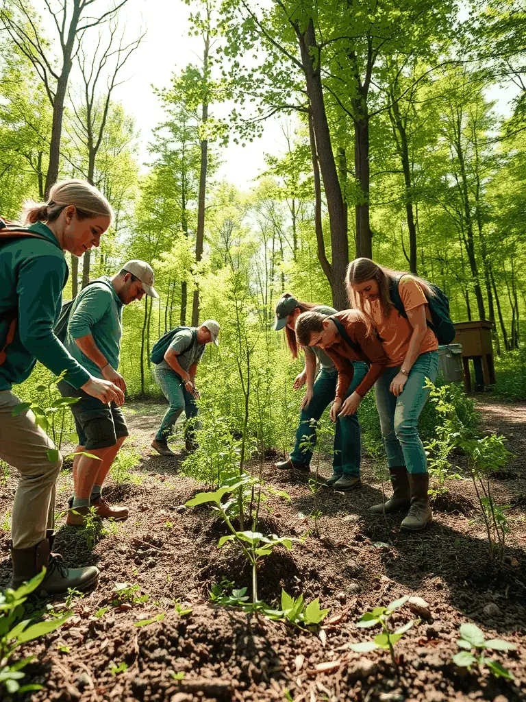 A photograph of volunteers planting trees in a forest, showcasing habitat restoration efforts by SOCIETE DES CHASSEURS DE SAINTE-FORTUNADE.