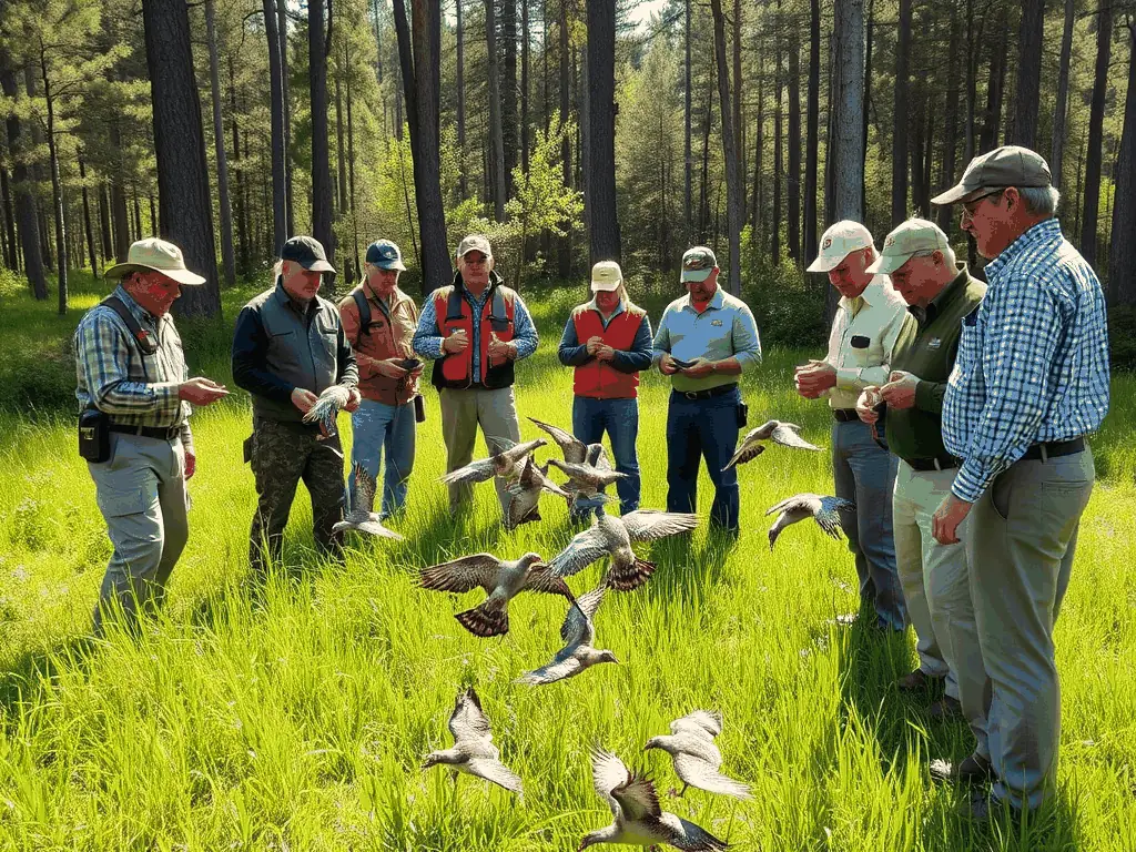 A team of conservationists releasing young birds into a natural habitat, illustrating active restocking efforts by the SOCIETE DES CHASSEURS DE SAINTE-FORTUNADE.
