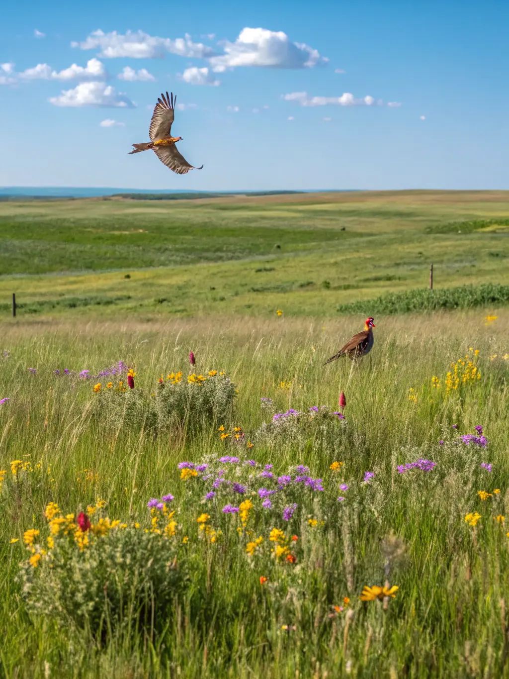 A picturesque scene of agriculturally beneficial birds foraging in a protected area, emphasizing the organization's dedication to conserving these species and supporting local agriculture.