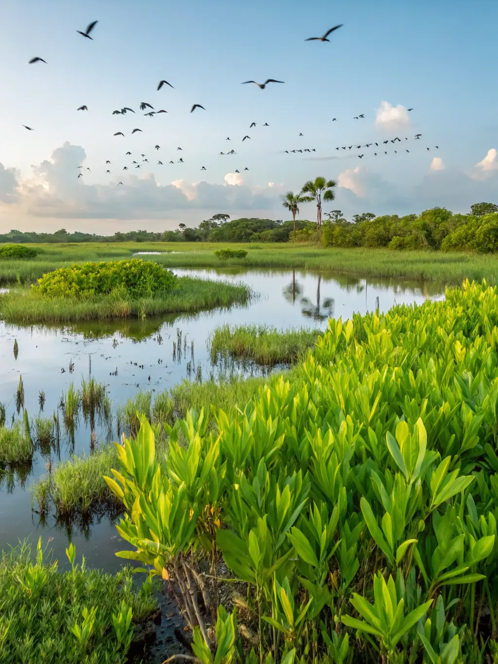 A serene landscape featuring a newly established wildlife habitat, showcasing diverse flora and fauna thriving in their natural environment, emphasizing the organization's commitment to habitat protection.