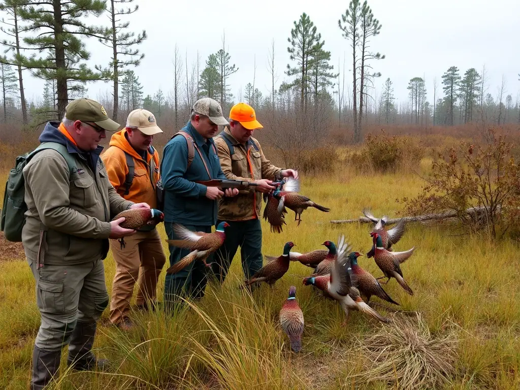 A hunter releasing a pheasant into a managed hunting reserve, symbolizing the organization's restocking efforts and sustainable hunting practices.