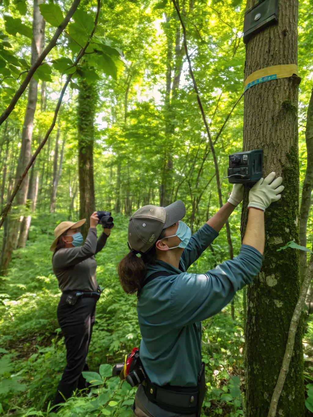 A photograph showing a wildlife biologist monitoring a deer population using camera traps in a local forest managed by SOCIETE DES CHASSEURS DE SAINTE-FORTUNADE.