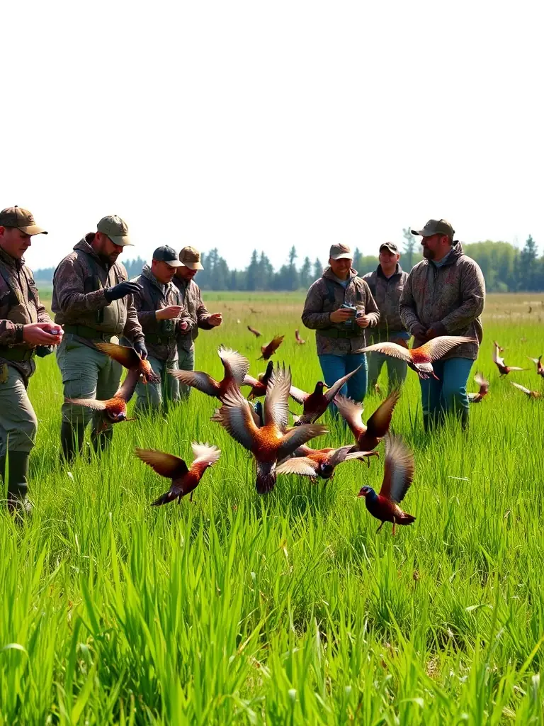 A photograph of hunters releasing pheasants into a hunting reserve, illustrating the restocking program of SOCIETE DES CHASSEURS DE SAINTE-FORTUNADE.